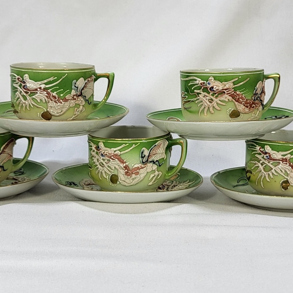 Vintage Japanese Moriage Dragon Tea Set Green Porcelain 5 Cups 5 Saucers Japan
